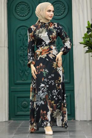 Neva Style - Çiçek Desenli Siyah Tesettür Elbise 27942S - 1