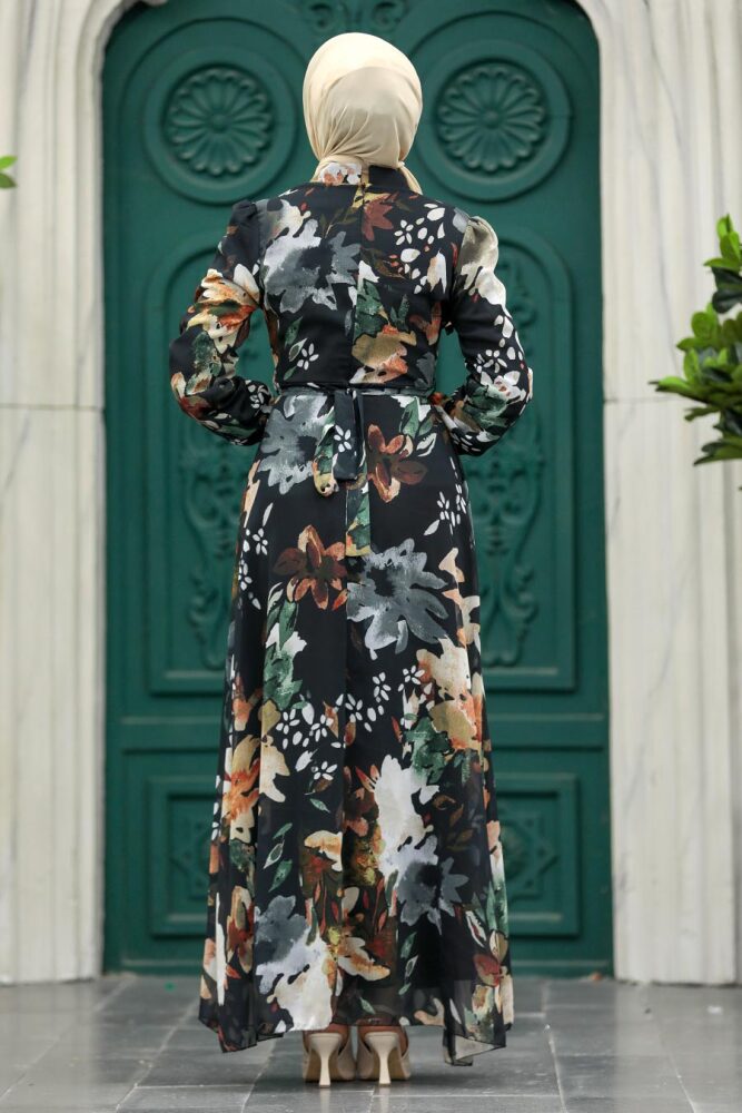 Neva Style - Çiçek Desenli Siyah Tesettür Elbise 27942S - 3