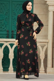 Neva Style - Çiçek Desenli Siyah Tesettür Elbise 27943S - Thumbnail
