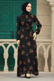 Neva Style - Çiçek Desenli Siyah Tesettür Elbise 27943S - Thumbnail