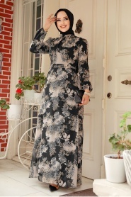 Neva Style - Çiçek Desenli Siyah Tesettür Elbise 27944S - Thumbnail