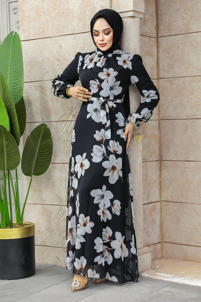 Neva Style - Çiçek Desenli Siyah Tesettür Elbise 27946S - 2
