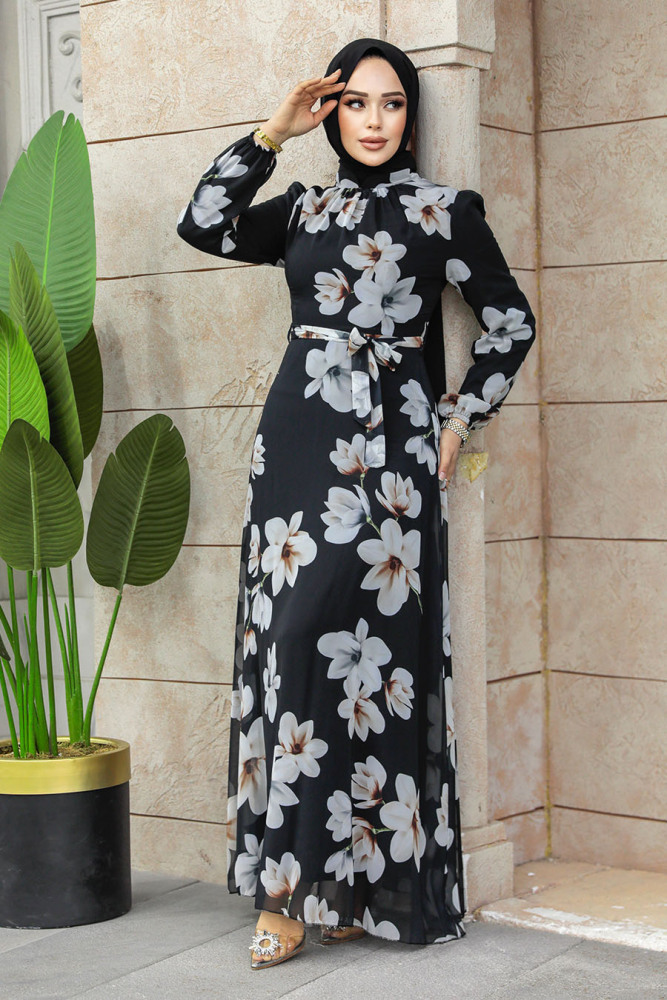 Neva Style - Çiçek Desenli Siyah Tesettür Elbise 27946S - 3