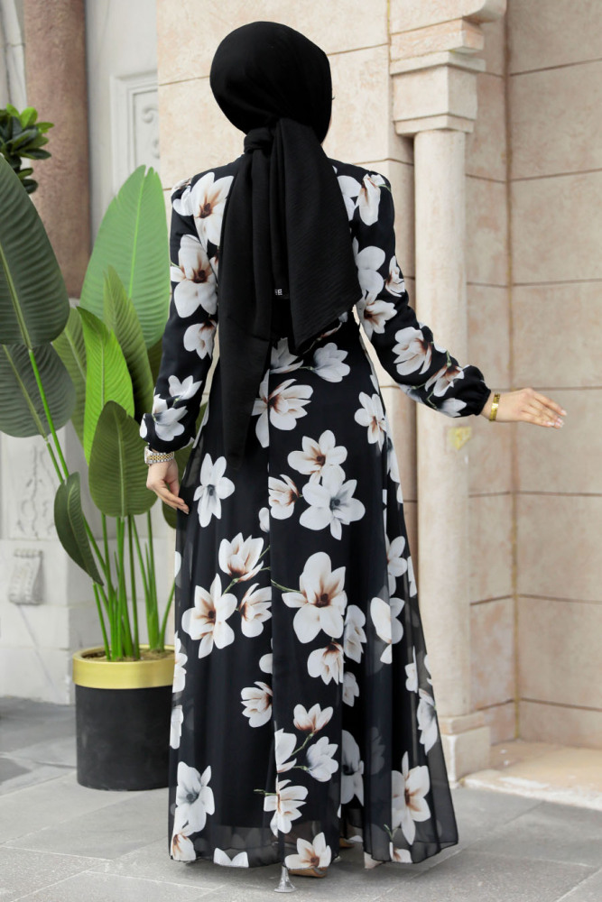 Neva Style - Çiçek Desenli Siyah Tesettür Elbise 27946S - 4