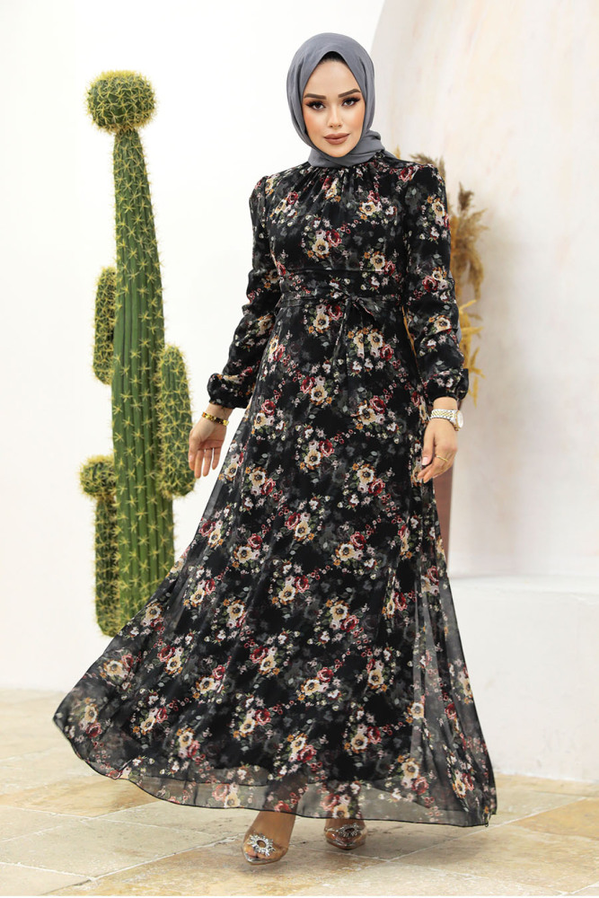 Neva Style - Çiçek Desenli Siyah Tesettür Elbise 27947S - 2
