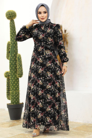 Neva Style - Çiçek Desenli Siyah Tesettür Elbise 27947S - 3