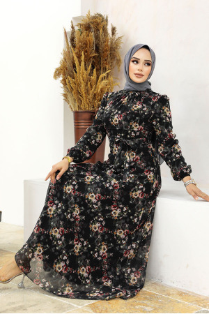 Neva Style - Çiçek Desenli Siyah Tesettür Elbise 27947S - 1