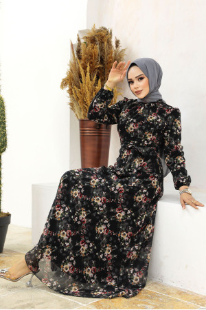 Neva Style - Çiçek Desenli Siyah Tesettür Elbise 27947S - 4