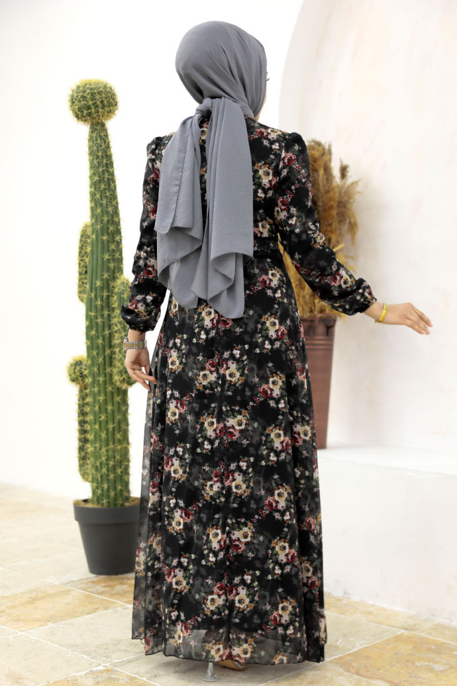 Neva Style - Çiçek Desenli Siyah Tesettür Elbise 27947S - 5