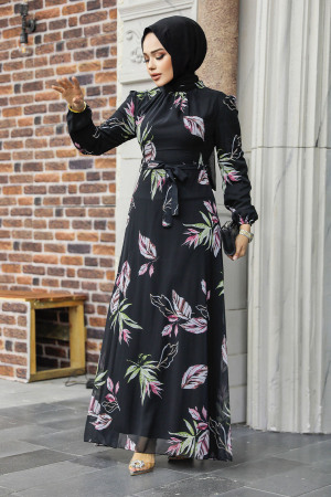 Neva Style - Çiçek Desenli Siyah Tesettür Elbise 27949S - 2