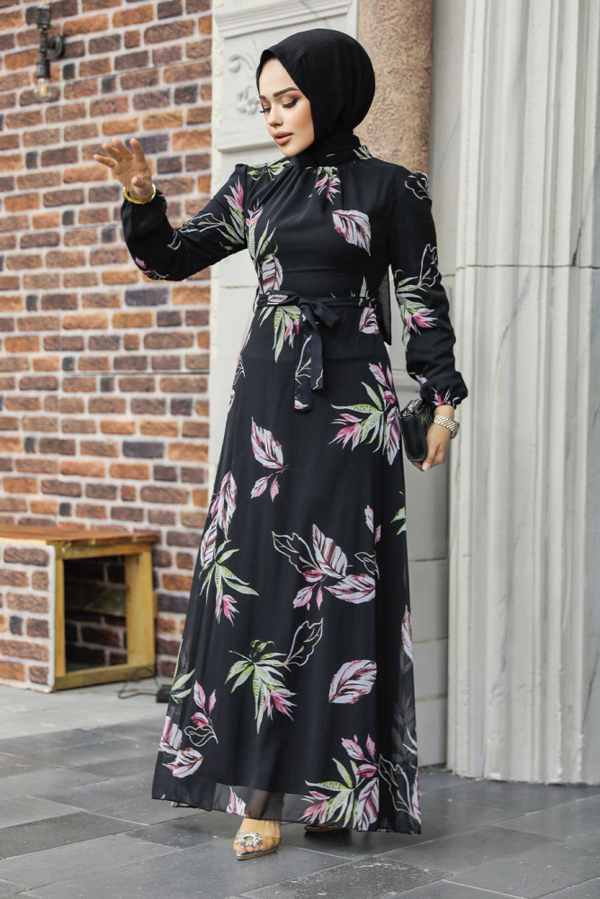 Neva Style - Çiçek Desenli Siyah Tesettür Elbise 27949S - 2