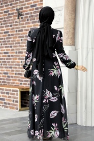 Neva Style - Çiçek Desenli Siyah Tesettür Elbise 27949S - Thumbnail