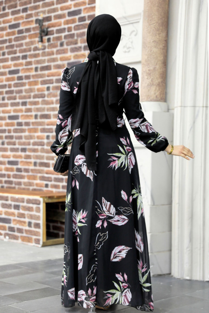 Neva Style - Çiçek Desenli Siyah Tesettür Elbise 27949S - 3
