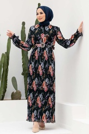 Neva Style - Çiçek Desenli Siyah Tesettür Elbise 2894S - Thumbnail