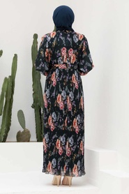 Neva Style - Çiçek Desenli Siyah Tesettür Elbise 2894S - Thumbnail