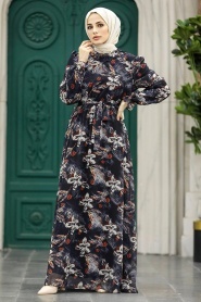  Neva Style - Çiçek Desenli Siyah Tesettür Elbise 29710S - Thumbnail