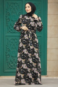 Neva Style - Çiçek Desenli Siyah Tesettür Elbise 29711S - Thumbnail