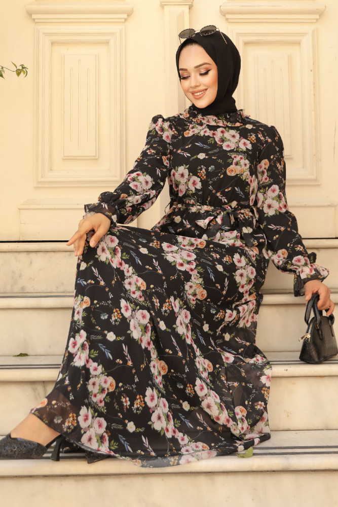 Neva Style - Çiçek Desenli Siyah Tesettür Elbise 29711S - 2