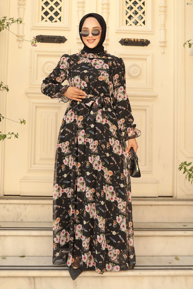 Neva Style - Çiçek Desenli Siyah Tesettür Elbise 29711S - 3