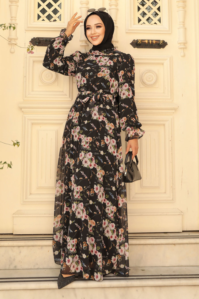 Neva Style - Çiçek Desenli Siyah Tesettür Elbise 29711S - 1