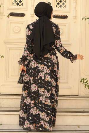 Neva Style - Çiçek Desenli Siyah Tesettür Elbise 29711S - 4