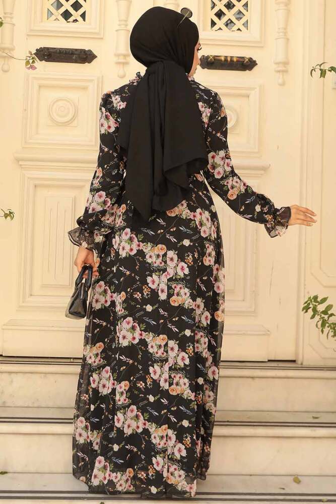 Neva Style - Çiçek Desenli Siyah Tesettür Elbise 29711S - 4