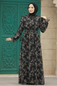 Neva Style - Çiçek Desenli Siyah Tesettür Elbise 29712S - Thumbnail