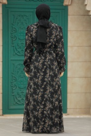 Neva Style - Çiçek Desenli Siyah Tesettür Elbise 29712S - Thumbnail