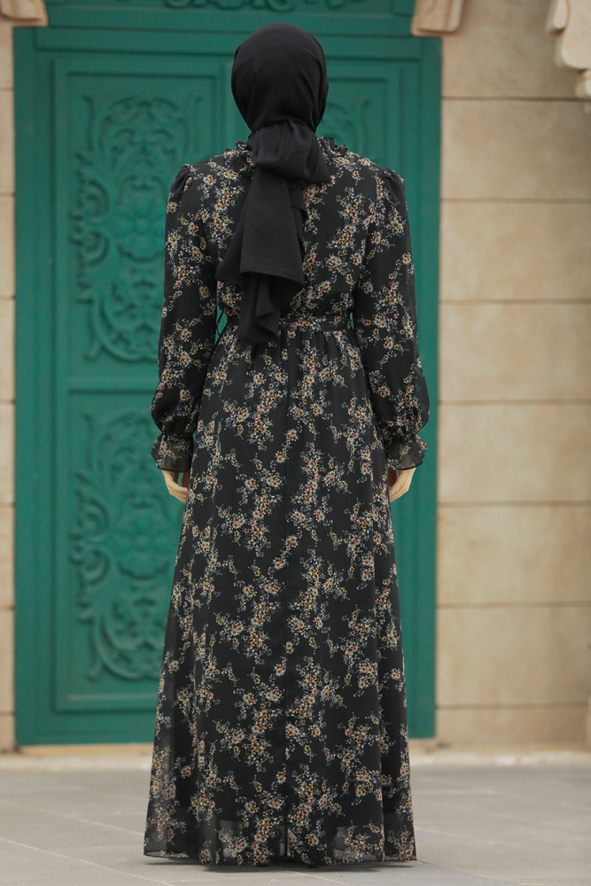  Çiçek Desenli Siyah Tesettür Elbise 29712S - 3