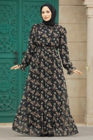 Neva Style - Çiçek Desenli Siyah Tesettür Elbise 29713S - Thumbnail