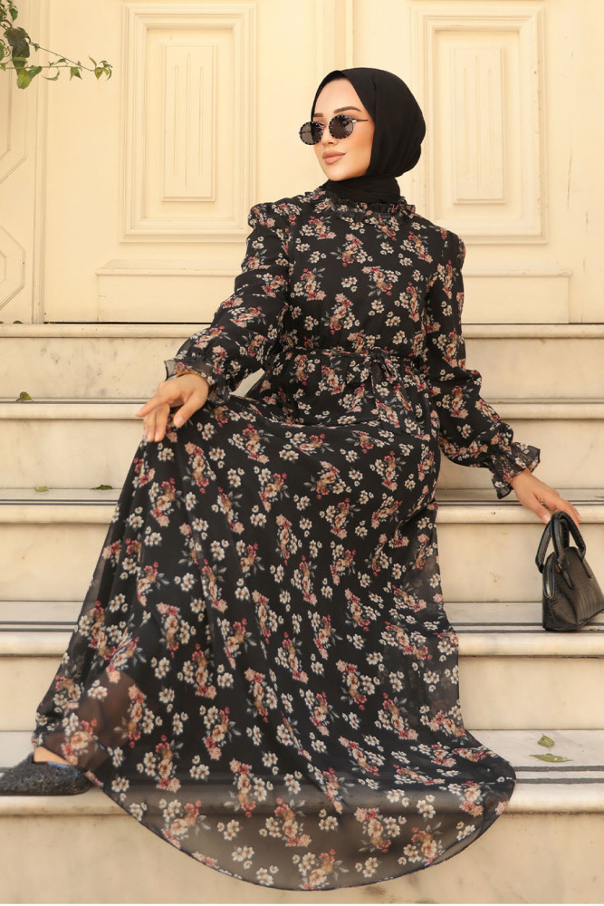Neva Style - Çiçek Desenli Siyah Tesettür Elbise 29713S - 1
