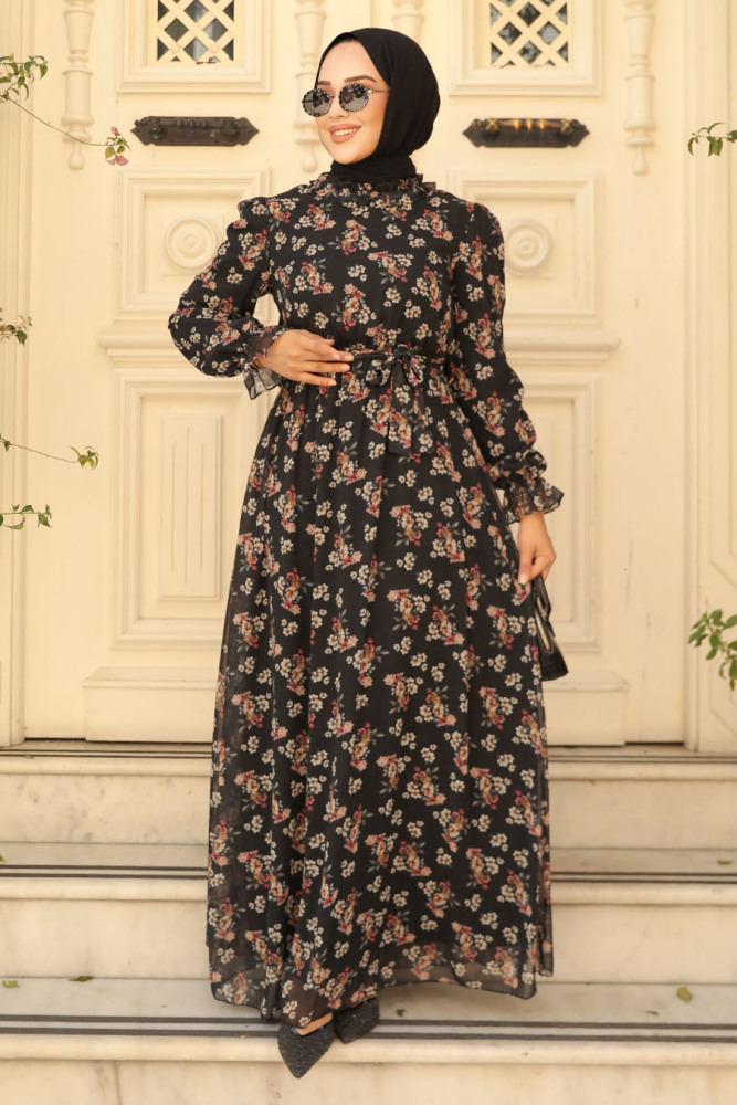 Neva Style - Çiçek Desenli Siyah Tesettür Elbise 29713S - 2
