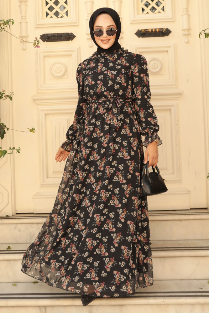 Neva Style - Çiçek Desenli Siyah Tesettür Elbise 29713S - 3