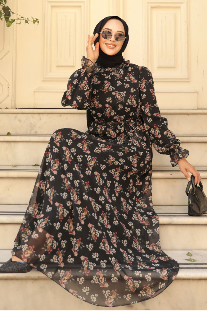Neva Style - Çiçek Desenli Siyah Tesettür Elbise 29713S - 4