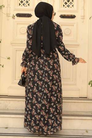 Neva Style - Çiçek Desenli Siyah Tesettür Elbise 29713S - 5