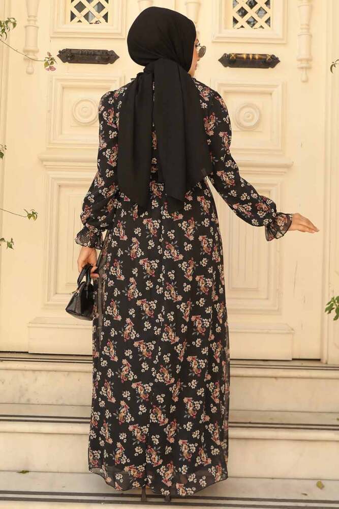Neva Style - Çiçek Desenli Siyah Tesettür Elbise 29713S - 5