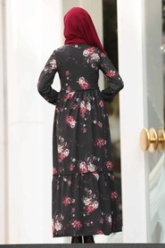 Neva Style - Çiçek Desenli Siyah Tesettür Elbise 31910S - Thumbnail