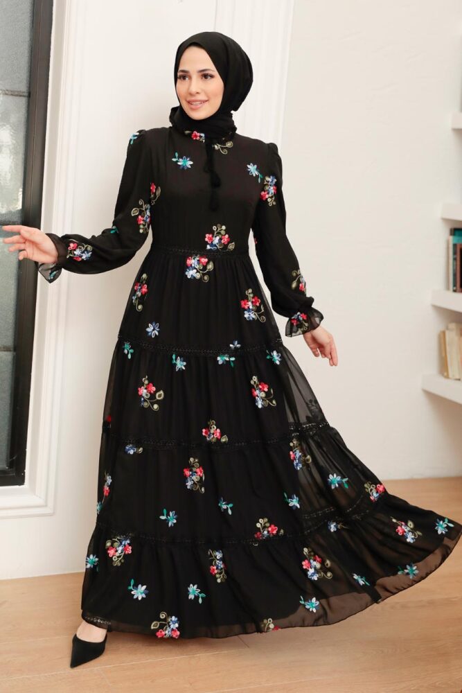 Neva Style - Çiçek Desenli Siyah Tesettür Elbise 32811S - 1