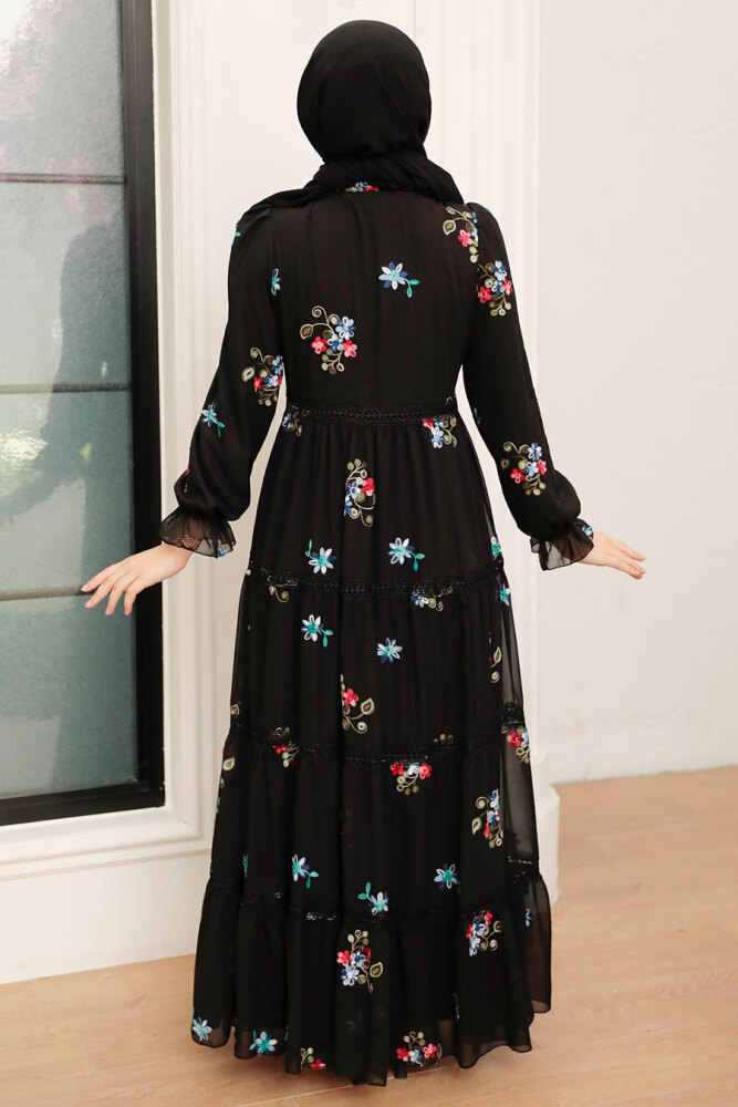 Neva Style - Çiçek Desenli Siyah Tesettür Elbise 32811S - 2