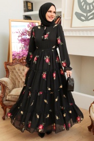 Neva Style - Çiçek Desenli Siyah Tesettür Elbise 32812S - Thumbnail