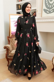 Neva Style - Çiçek Desenli Siyah Tesettür Elbise 32812S - Thumbnail