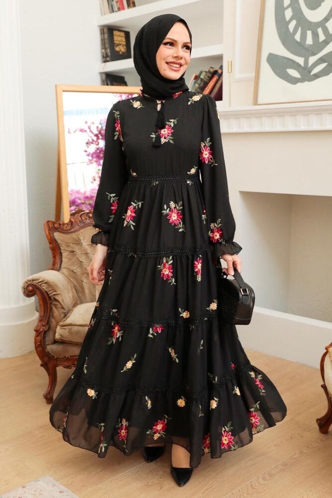 Neva Style - Çiçek Desenli Siyah Tesettür Elbise 32812S - 2
