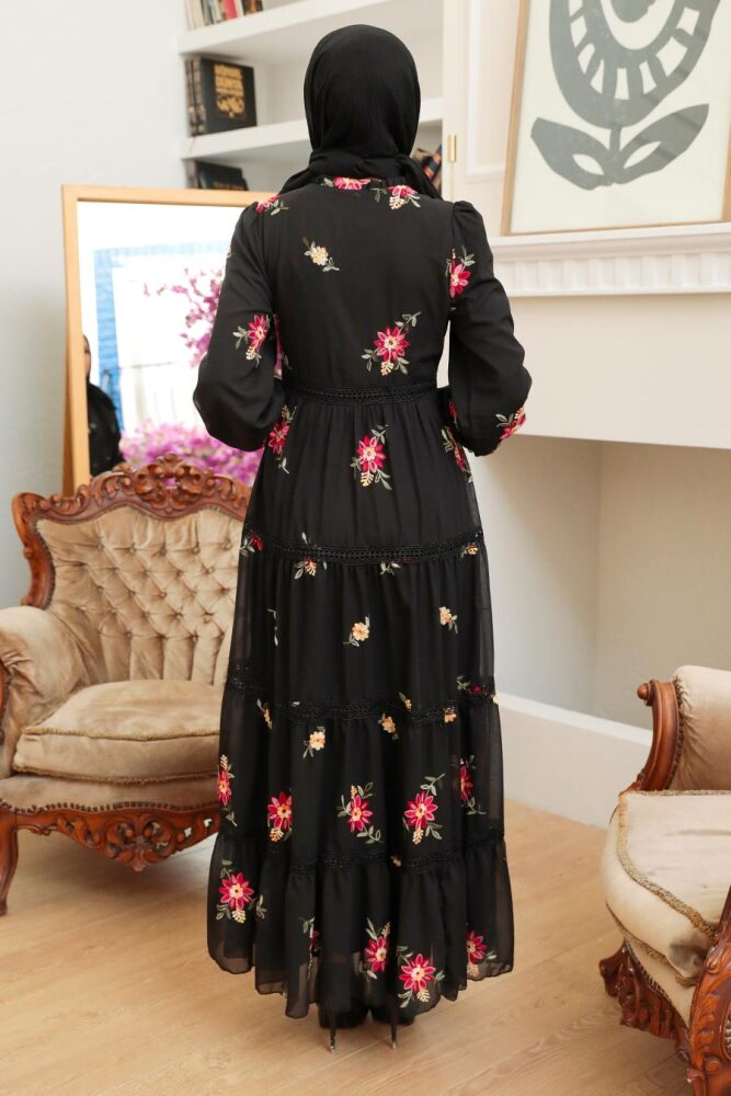 Neva Style - Çiçek Desenli Siyah Tesettür Elbise 32812S - 3