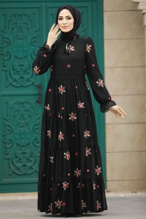 Neva Style - Çiçek Desenli Siyah Tesettür Elbise 32813S - 2