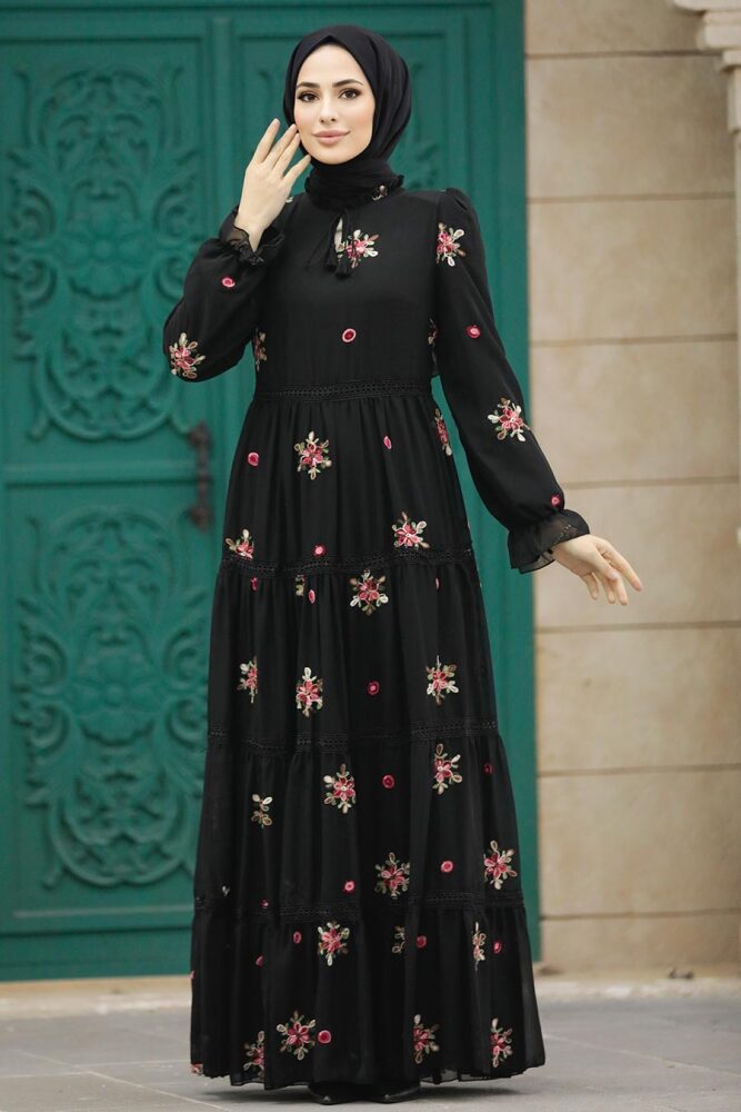 Neva Style - Çiçek Desenli Siyah Tesettür Elbise 32813S - 2