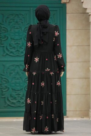 Neva Style - Çiçek Desenli Siyah Tesettür Elbise 32813S - 4