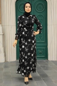 Neva Style - Çiçek Desenli Siyah Tesettür Elbise 32944S - Thumbnail