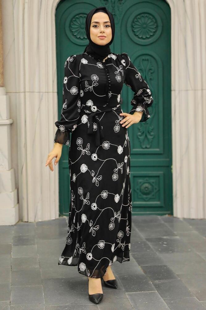 Neva Style - Çiçek Desenli Siyah Tesettür Elbise 32944S - 1