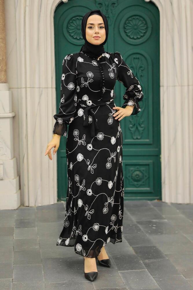 Neva Style - Çiçek Desenli Siyah Tesettür Elbise 32944S - 2