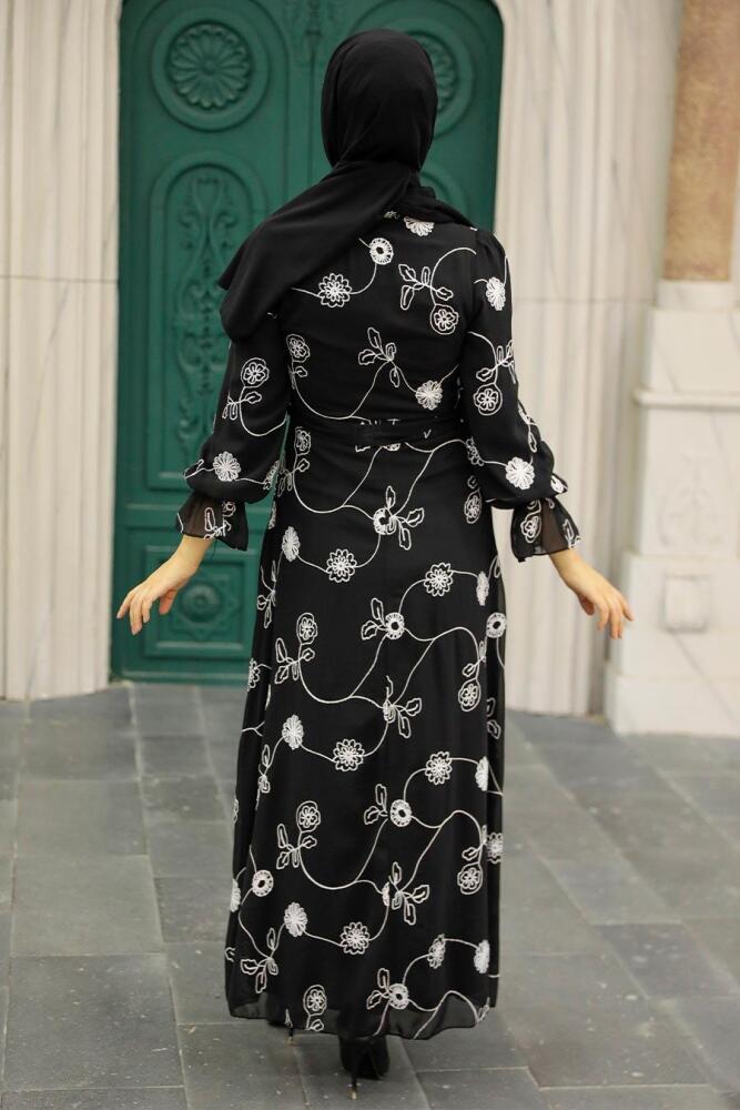Neva Style - Çiçek Desenli Siyah Tesettür Elbise 32944S - 3